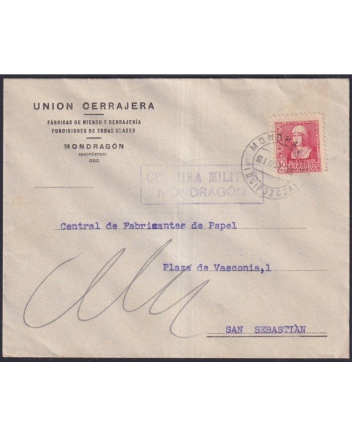 Z497 ESPAÑA SPAIN 1938 CIVIL WAR CENSORSHIP MONDRAGON TO SAN SEBASTIAN.