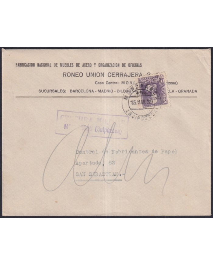 Z498 ESPAÑA SPAIN 1939 CIVIL WAR CENSORSHIP MONDRAGON TO SAN SEBASTIAN.