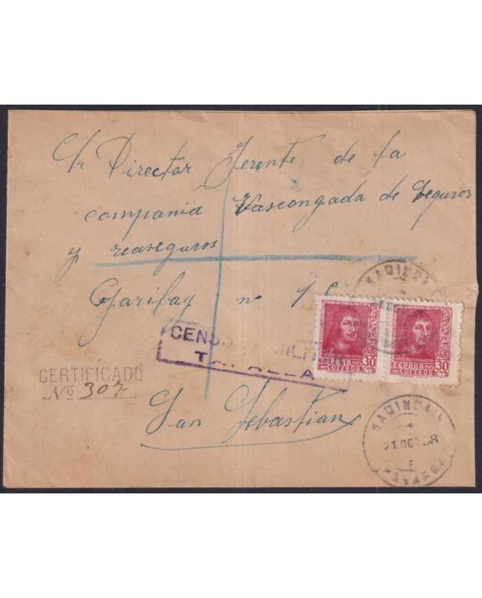 Z499 ESPAÑA SPAIN 1938 CIVIL WAR REG CENSORSHIP TAFALLA TO SAN SEBASTIAN.