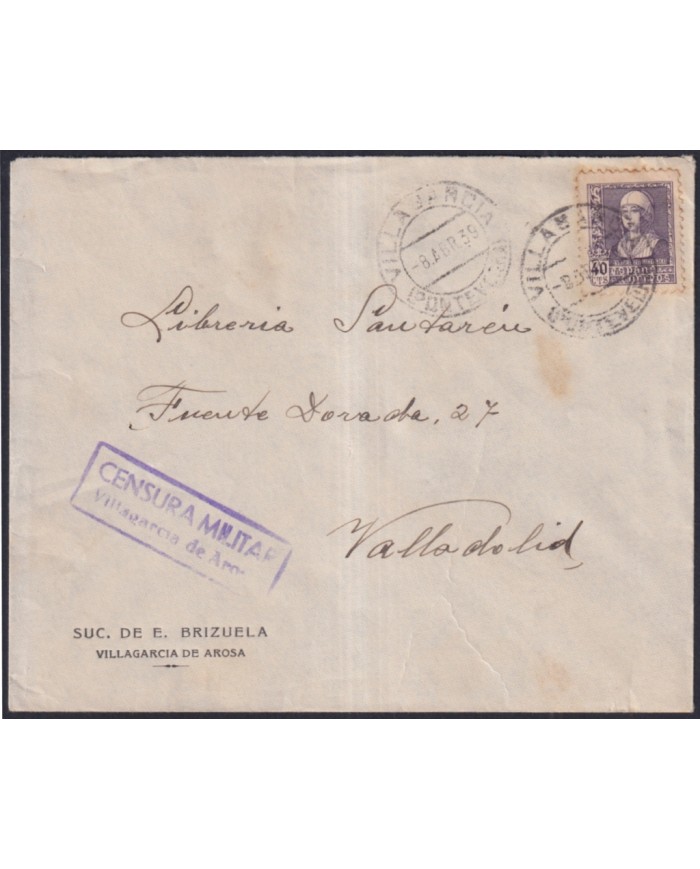 Z500 ESPAÑA SPAIN 1939 CIVIL WAR CENSORSHIP VILLAGARCIA DE AROSA TO VALLADOLID.