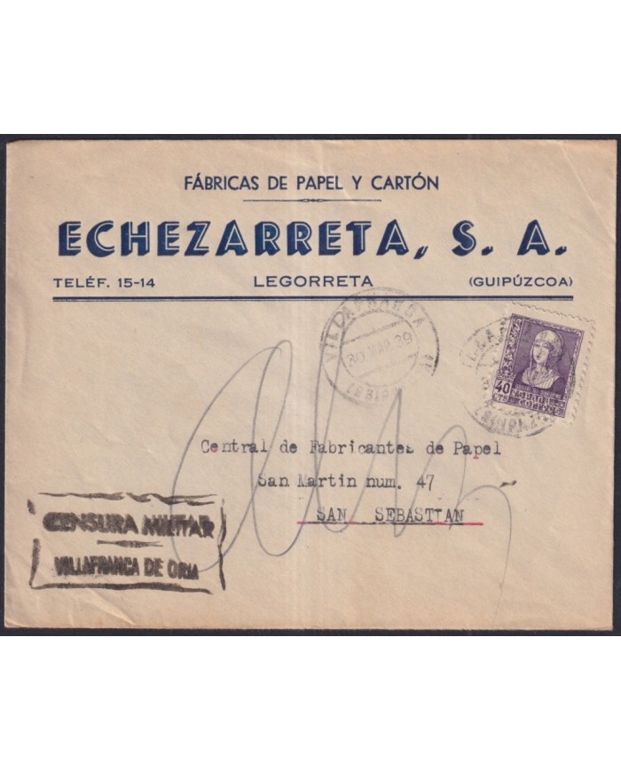 Z502 ESPAÑA SPAIN 1939 CIVIL WAR CENSORSHIP VILLAFRANCA DE ORIA TO SAN SEBASTIAN.