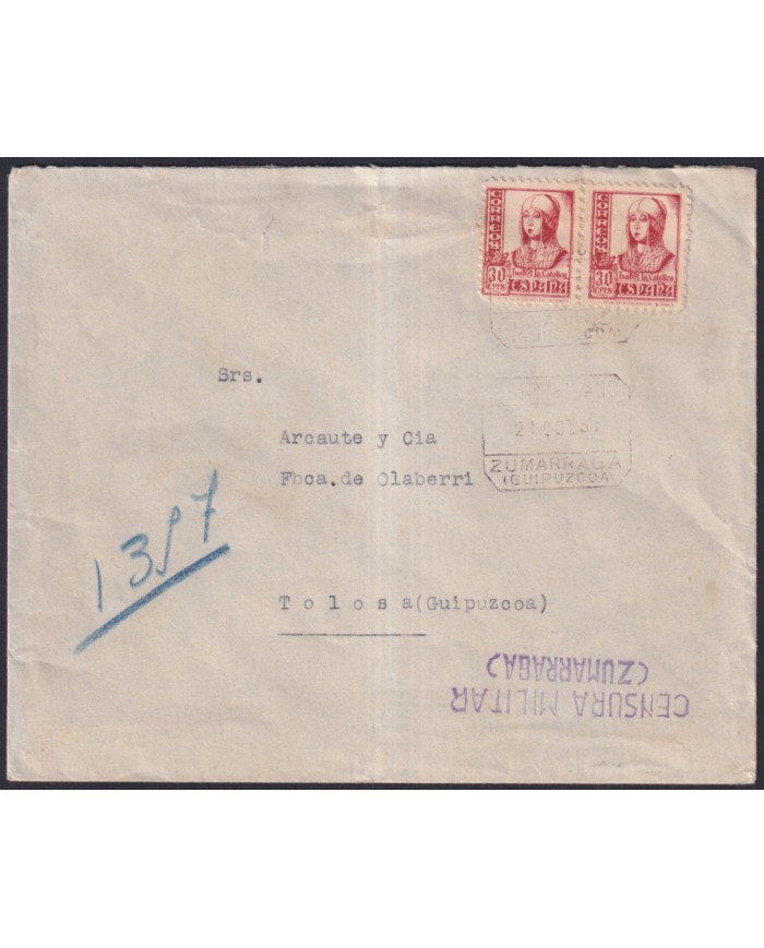 Z504 ESPAÑA SPAIN 1937 CIVIL WAR CENSORSHIP ZUMARRAGA TO TOLOSA GUIPUZCOA.