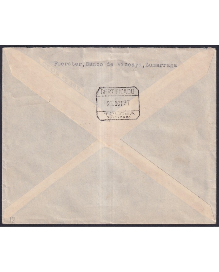 Z504 ESPAÑA SPAIN 1937 CIVIL WAR CENSORSHIP ZUMARRAGA TO TOLOSA GUIPUZCOA.
