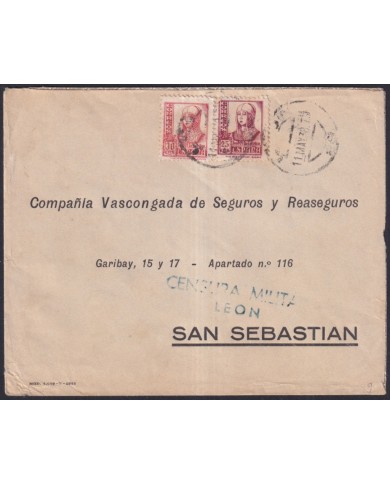 Z505 ESPAÑA SPAIN 1938 CIVIL WAR CENSORSHIP LEON TO SAN SEBASTIAN.
