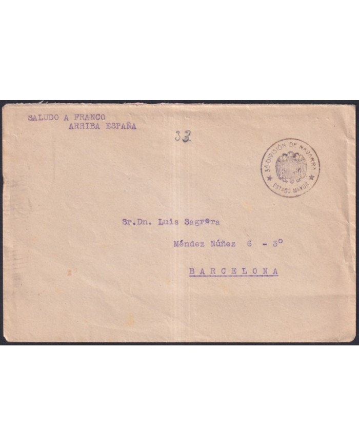 Z506 ESPAÑA SPAIN 1939 CIVIL WAR 3ª DIVISION DE NAVARRA ESTADO MAYOR TO BARCELONA.