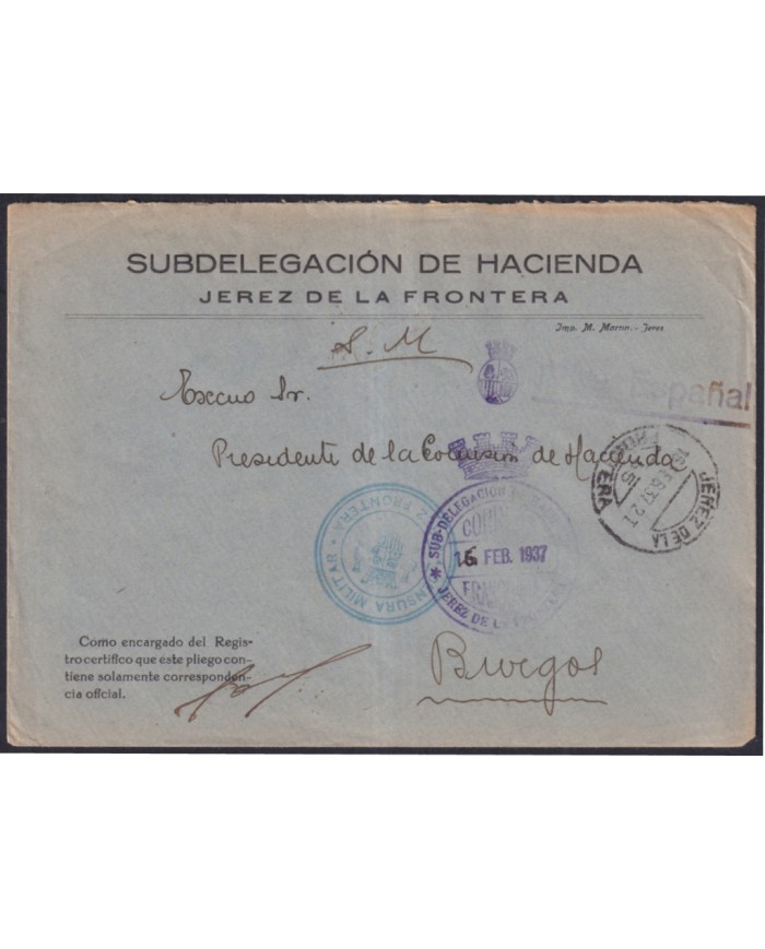 Z508 ESPAÑA SPAIN 1937 CIVIL WAR FREEPORT CENSORSHIP JEREZ DE LA FRONTERA TO BURGOS.