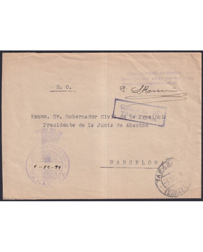 Z510 ESPAÑA SPAIN 1939 MILITAR FREEPORT CENSORSHIP TARAZONA TO BARCELONA.