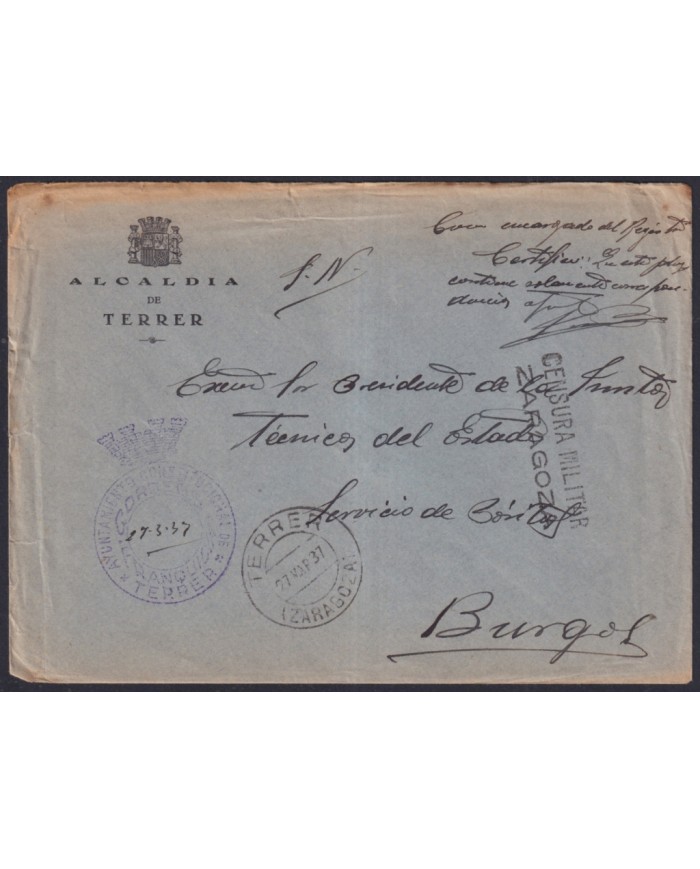 Z511 ESPAÑA SPAIN 1937 CIVIL WAR FREEPORT CENSORSHIP ZARAGOZA TERRER TO BURGOS.