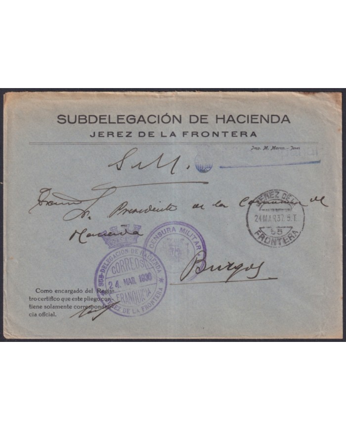 Z513 ESPAÑA SPAIN 1936 CIVIL WAR FREEPORT CENSORSHIP JEREZ DE LA FRONTERA BURGOS.