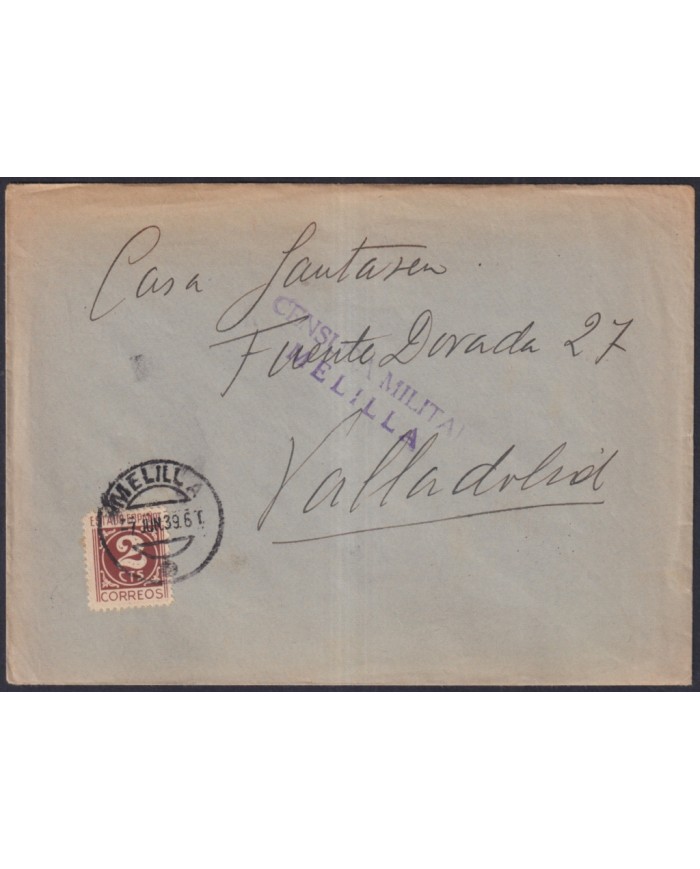Z516 ESPAÑA SPAIN 1939 CIVIL WAR CENSORSHIP MELILLA TO VALLADOLID.