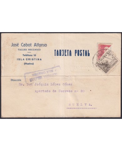 Z526 ESPAÑA SPAIN 1939 BICEPT POSTCARD CENSORSHIP ISLA CRISTINA TO HUELVA.