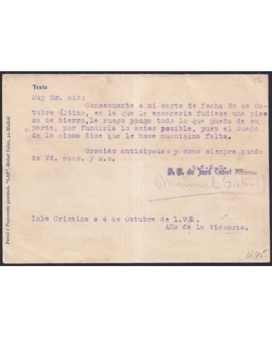 Z526 ESPAÑA SPAIN 1939 BICEPT POSTCARD CENSORSHIP ISLA CRISTINA TO HUELVA.