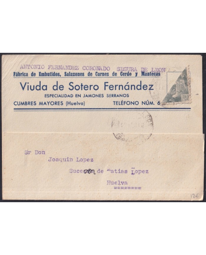 Z528 ESPAÑA SPAIN 1940 FRANCO BICEPT POSTCARD HUELVA.