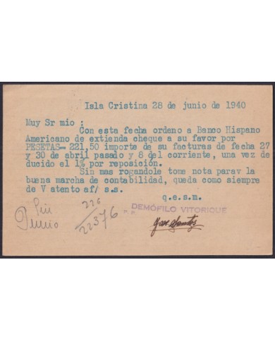 Z537 ESPAÑA SPAIN 1940 FRANCO BICEPT ISLA CRISTINA POSTCARD HUELVA.