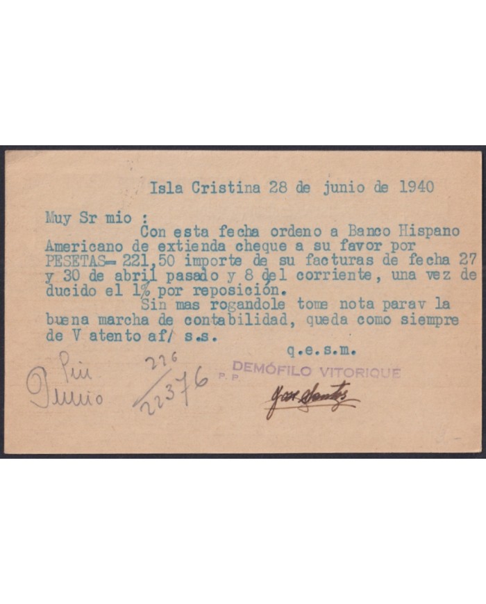 Z537 ESPAÑA SPAIN 1940 FRANCO BICEPT ISLA CRISTINA POSTCARD HUELVA.