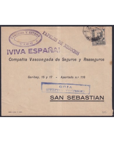 Z529 ESPAÑA SPAIN 193? CENSORSHIP COVER VIGO TO SAN SEBASTIAN.