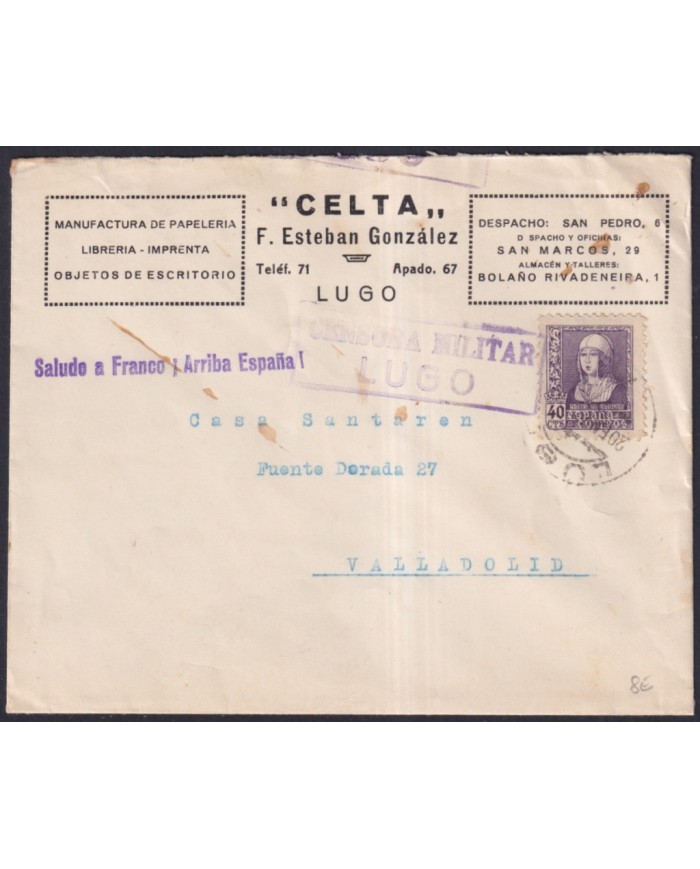 Z531 ESPAÑA SPAIN 1939 CENSORSHIP COVER LUGO TO VALLADOLID.