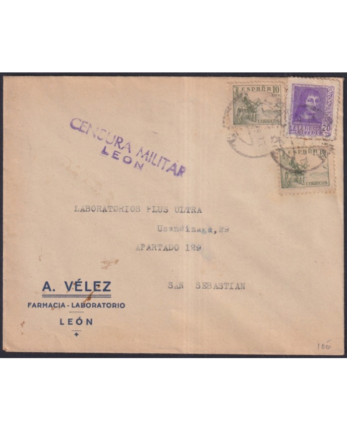 Z532 ESPAÑA SPAIN 193? CENSORSHIP COVER LEON TO SAN SEBASTIAN.