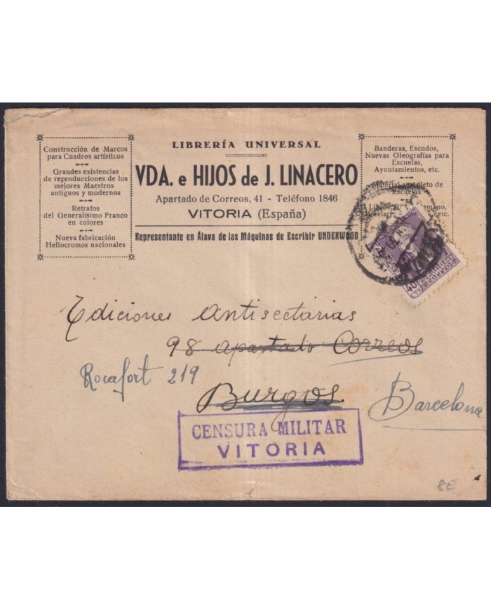 Z535 ESPAÑA SPAIN 1939 CENSORSHIP COVER VITORIA TO BARCELONA.