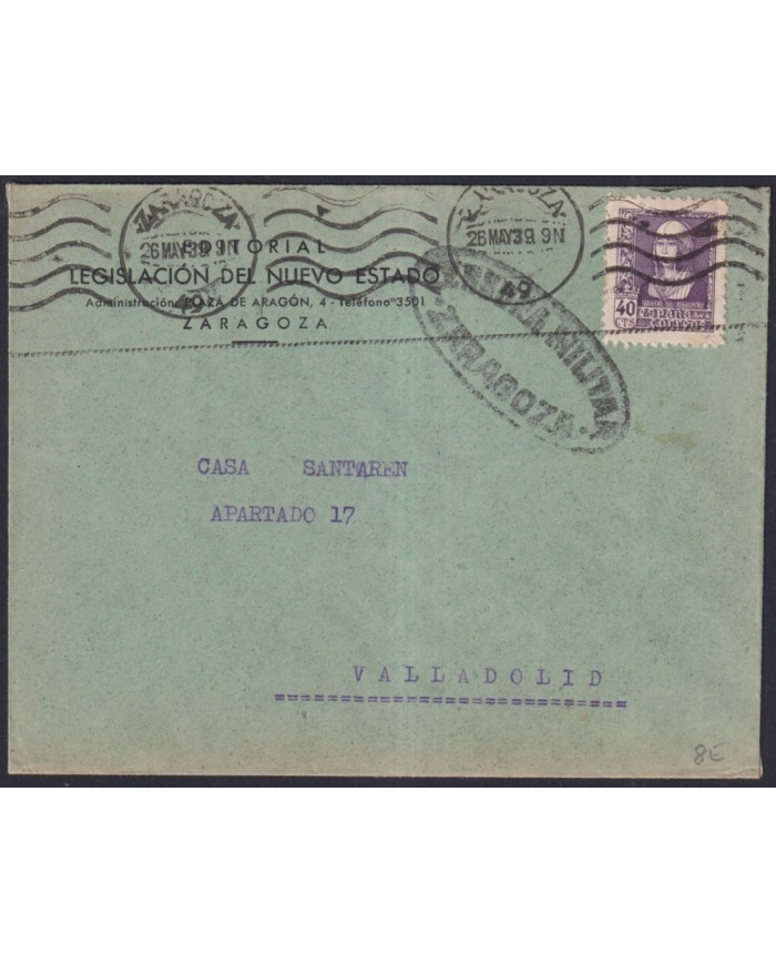 Z538 ESPAÑA SPAIN 1939 CIVIL WAR CENSORSHIP COVER VIGO TO VALLADOLID.