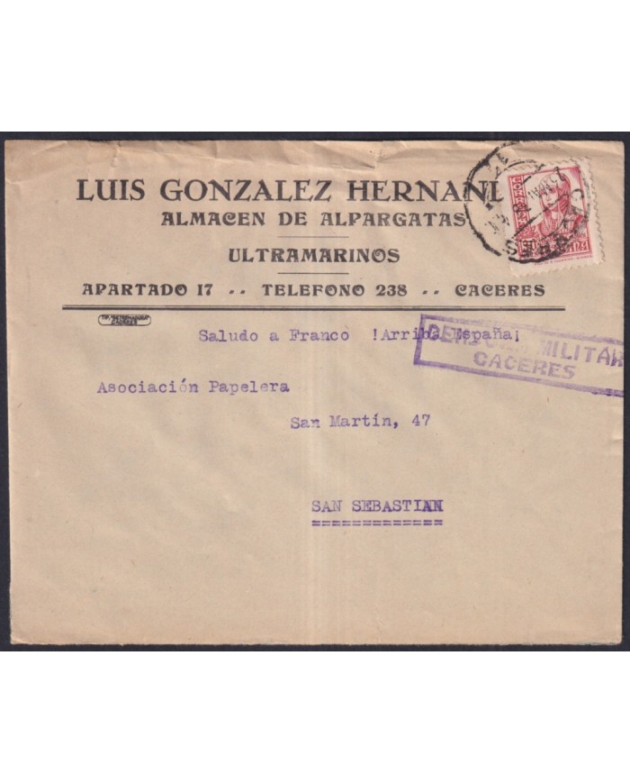Z539 ESPAÑA SPAIN 1938 CIVIL WAR CENSORSHIP COVER CACERES TO SAN SEBASTIAN.