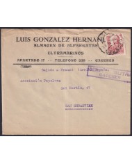 Z539 ESPAÑA SPAIN 1938 CIVIL WAR CENSORSHIP COVER CACERES TO SAN SEBASTIAN.