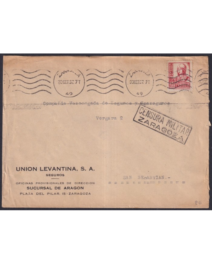 Z540 ESPAÑA SPAIN 1937 CIVIL WAR CENSORSHIP COVER ZARAGOZA TO SAN SEBASTIAN.