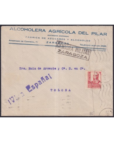 Z541 ESPAÑA SPAIN 1938 CENSORSHIP COVER ZARAGOZA TO TOLOSA.