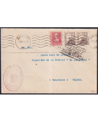 Z542 ESPAÑA SPAIN 1938 CENSORSHIP COVER ZARAGOZA TO TOLOSA.