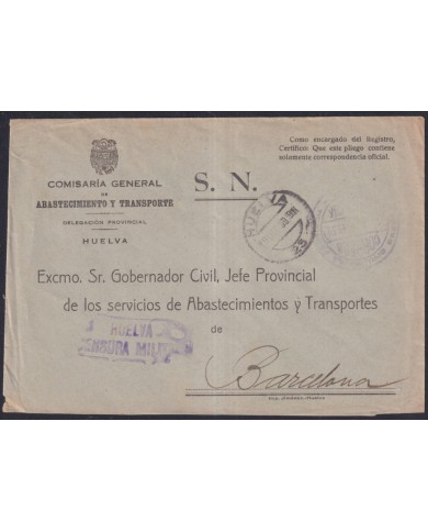 Z545 ESPAÑA SPAIN 1939 CIVIL WAR FREEPORT CENSORSHIP HUELVA TO BARCELONA.