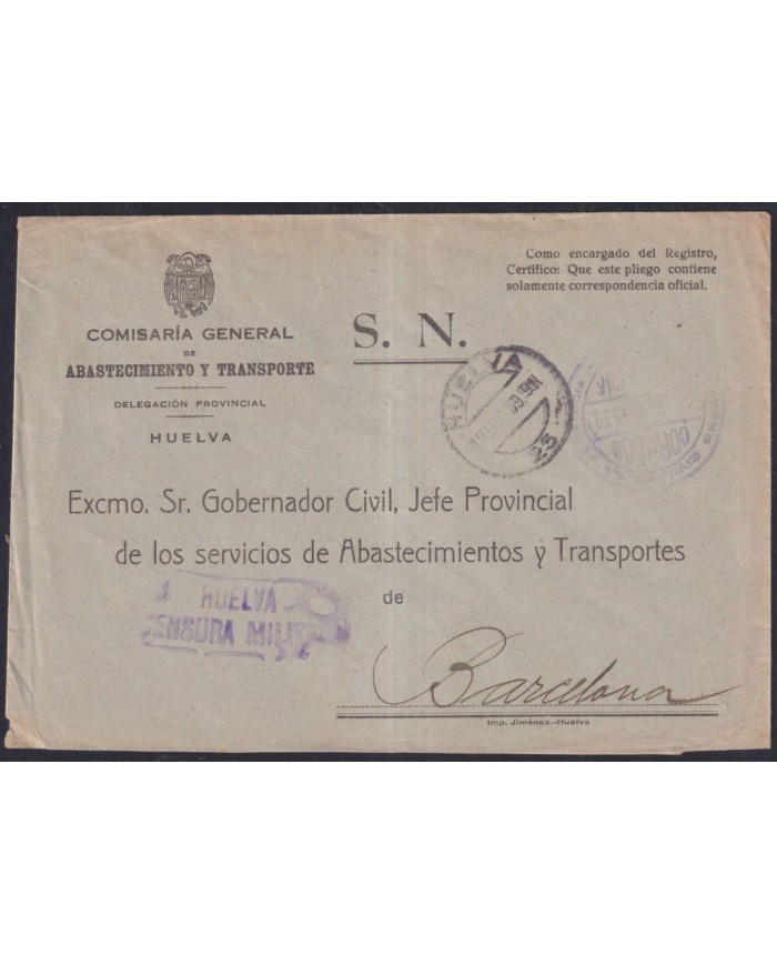 Z545 ESPAÑA SPAIN 1939 CIVIL WAR FREEPORT CENSORSHIP HUELVA TO BARCELONA. Z545 ESPAÑA SPAIN 1939 CIVIL WAR FREEPORT CENSORSHIP HUELVA TO BARCELONA.