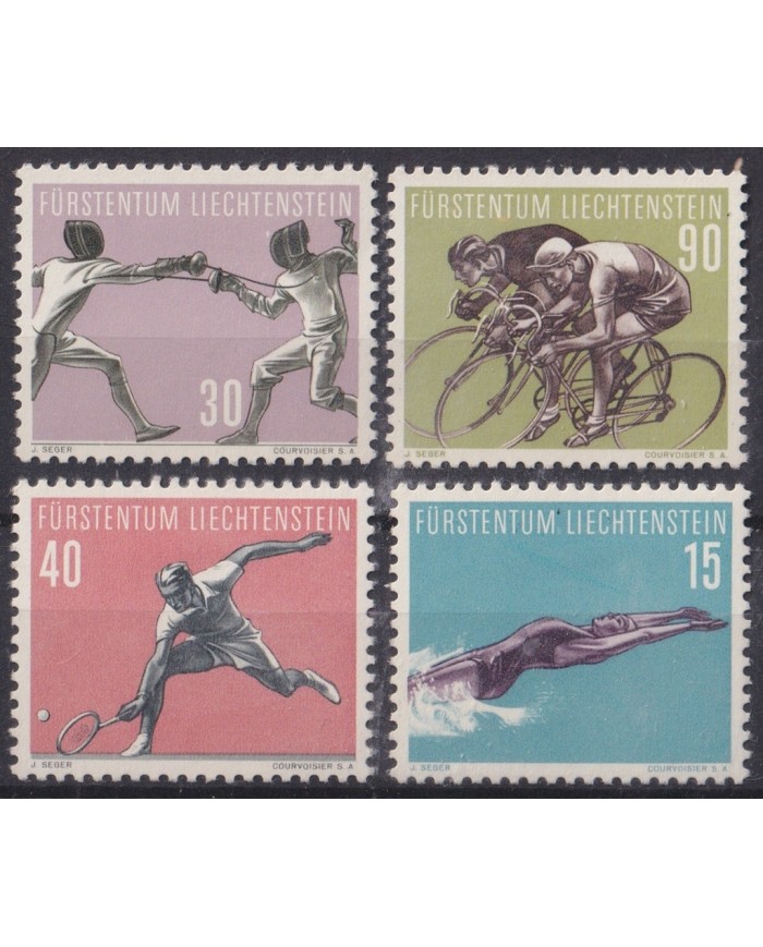 F-EX43677 LIECHTENSTEIN MLH 1958 SPORT TENNIS FENCING CYCLING SWIMMING.