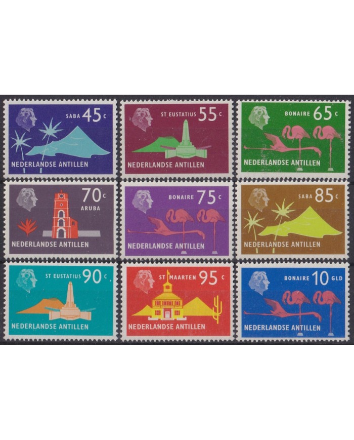 F-EX44828 NEDERLAND ANTILLES MNH 1977 VOLCANO FLAMINGO BIRD PALMS ARCHITECTURE.