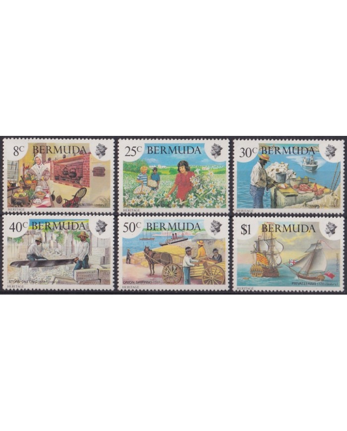 F-EX44774 BERMUDA MNH 1981 HERITAGE PRIVATEERING SHIP FISHING STONE CUTTING.
