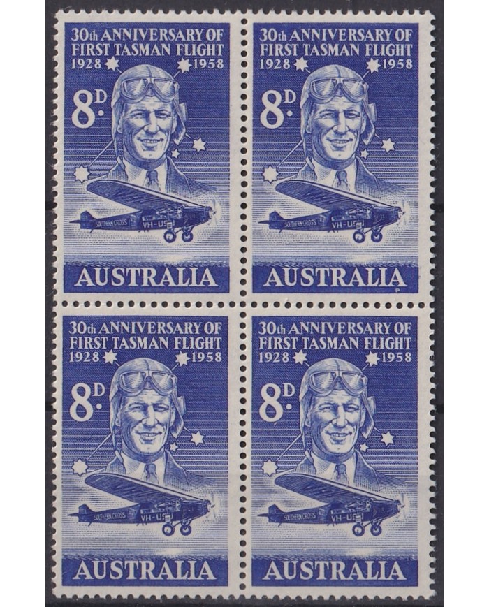 F-EX44839 AUSTRALIA MNH 1958 30Th ANNIV TASMANIA FLIGHT BLOCK 4 AVION AIRPLANE.