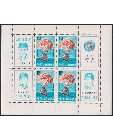 F-EX42412 RUMANIA MNH 1970 SPACE COSMOS APOLLO 13 SAFE LANDING SHEET.