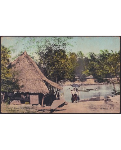 Z138 PHILIPPINES 1919 ETHNIC PASING RIVER STA ANA POSTCARD TO SPAIN