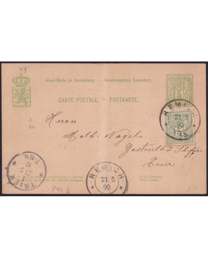 Z152 LUXEMBURG 1890 POSTAL STATIONERY REMICH TO TRIER.