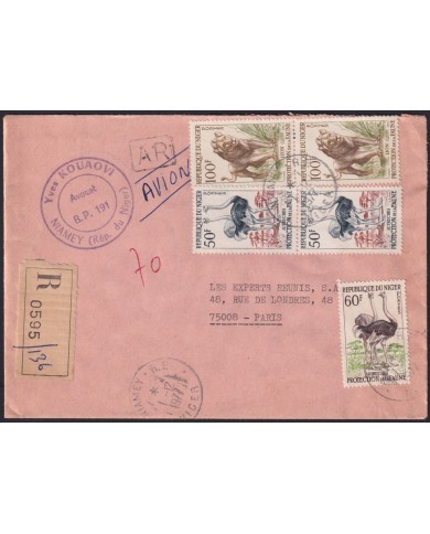 Z164 NIGER 1977 REGISTERED COVER BIRD OSTRICH & LION TO PARIS FRANCE.