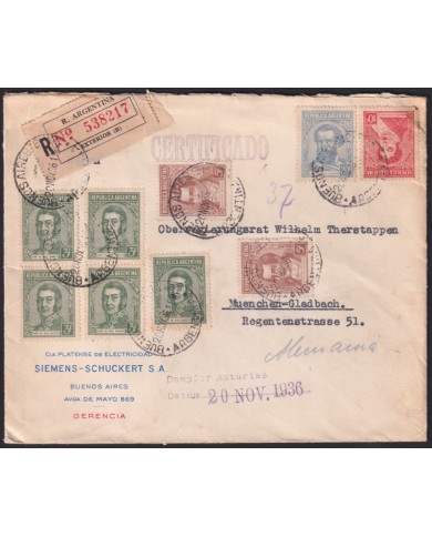 Z179 ARGENTINA REGISTERED COVER 1936 TO GERMANY.