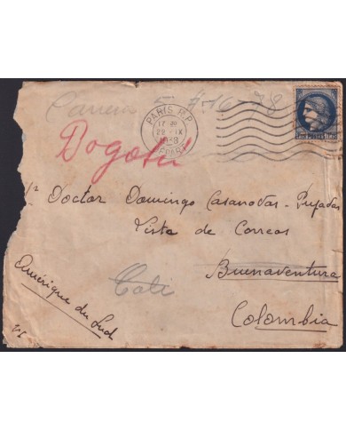 Z186 FRANCE TO COLOMBIA 1938 DAMAGE COVER “EN MAL ESTADO” POSTMARK,