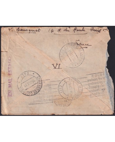 Z186 FRANCE TO COLOMBIA 1938 DAMAGE COVER “EN MAL ESTADO” POSTMARK,