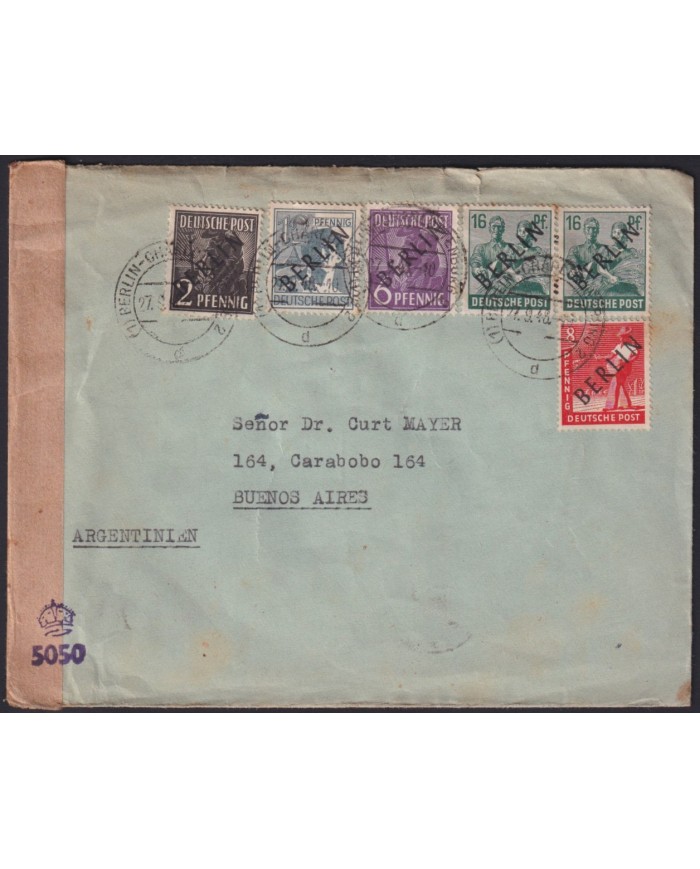 Z189 GERMANY 1948 BERLIN OVERPRINT CENSORSHIP COVER TO ARGENTINA.
