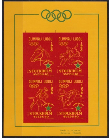 F-EX45045 ESPAÑA SPAIN 1956 IMPERF CINDERELLA SWEDEN OLYMPIC GAMES RED COLOR YELLOW PAPER.