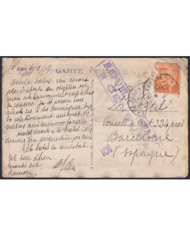 F-EX44695 FRANCE 1937 CIVIL WAR POSTCARD TO SPAIN CENSORSHIP IN BARCELONA.