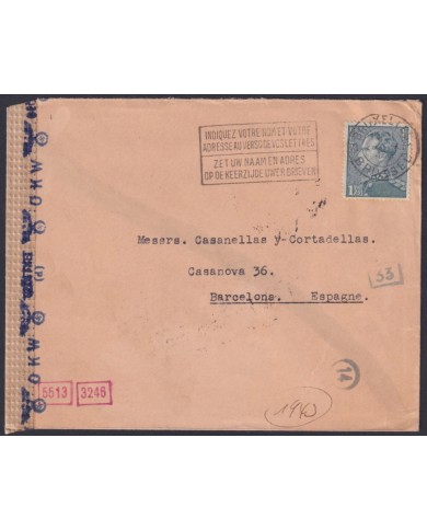 F-EX45300 BELGIUM BELGIQUE 1943 WWII BRUXELLES COVER SPAIN GERMANY CENSORSHIP MARK.