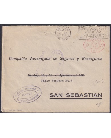 F-EX45307 SWITZERLAND 1938 WWII BASEL TO SPAIN SAN SEBASTIAN WITH CENSORSHIP MARK.