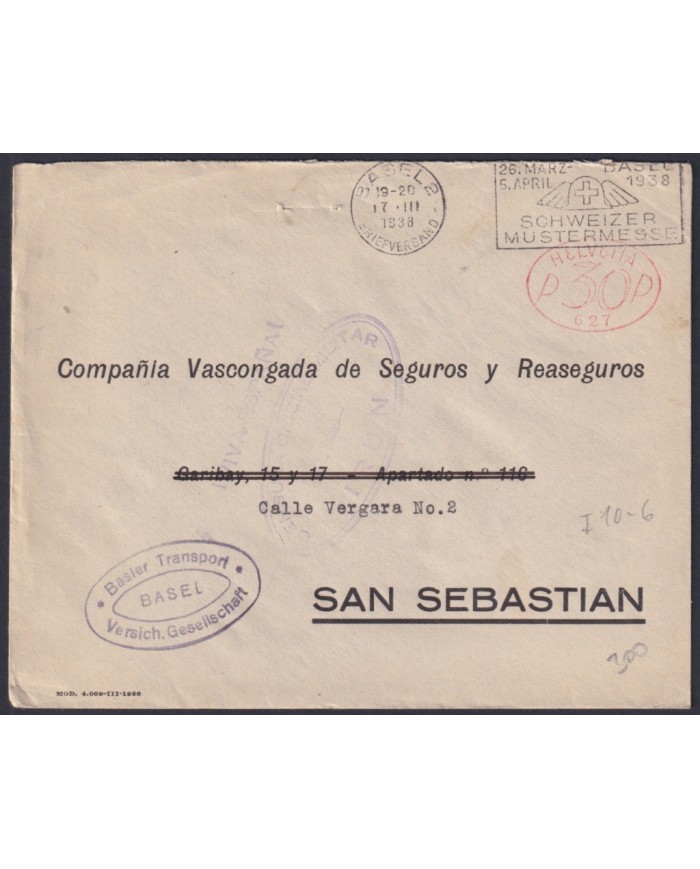 F-EX45307 SWITZERLAND 1938 WWII BASEL TO SPAIN SAN SEBASTIAN WITH CENSORSHIP MARK.