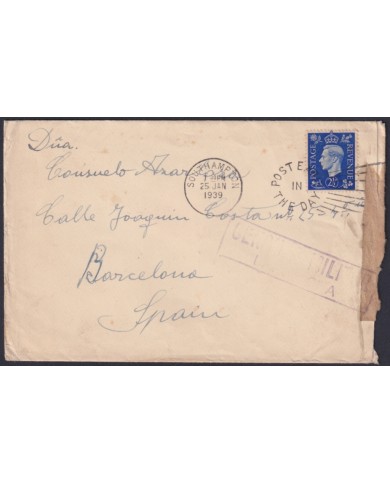 F-EX44216 UK ENGLAND CIVIL WAR 1939 POSTED IN THE DAY TO SPAIN CENSORSHIP BARCELONA.