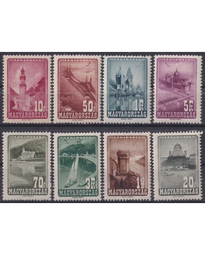 F-EX44608 HUNGARY ORIGINAL GUM 1947 AIRMAIL SHIP LANDSCAPE BRIDGE CASTLE.